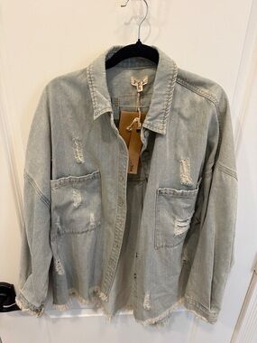 POL Light Wash Distressed Denim Shacket